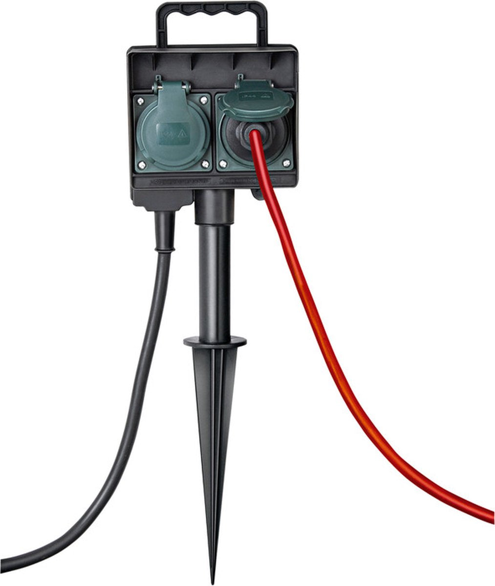 Brennenstuhl Tuincontactdoos / Buitencontactdoos 2-voudig op spies (Weerbestendige kunststof, Tuinstekkerdoos met waterdichte behuizing, 1,4m kabel) zwart