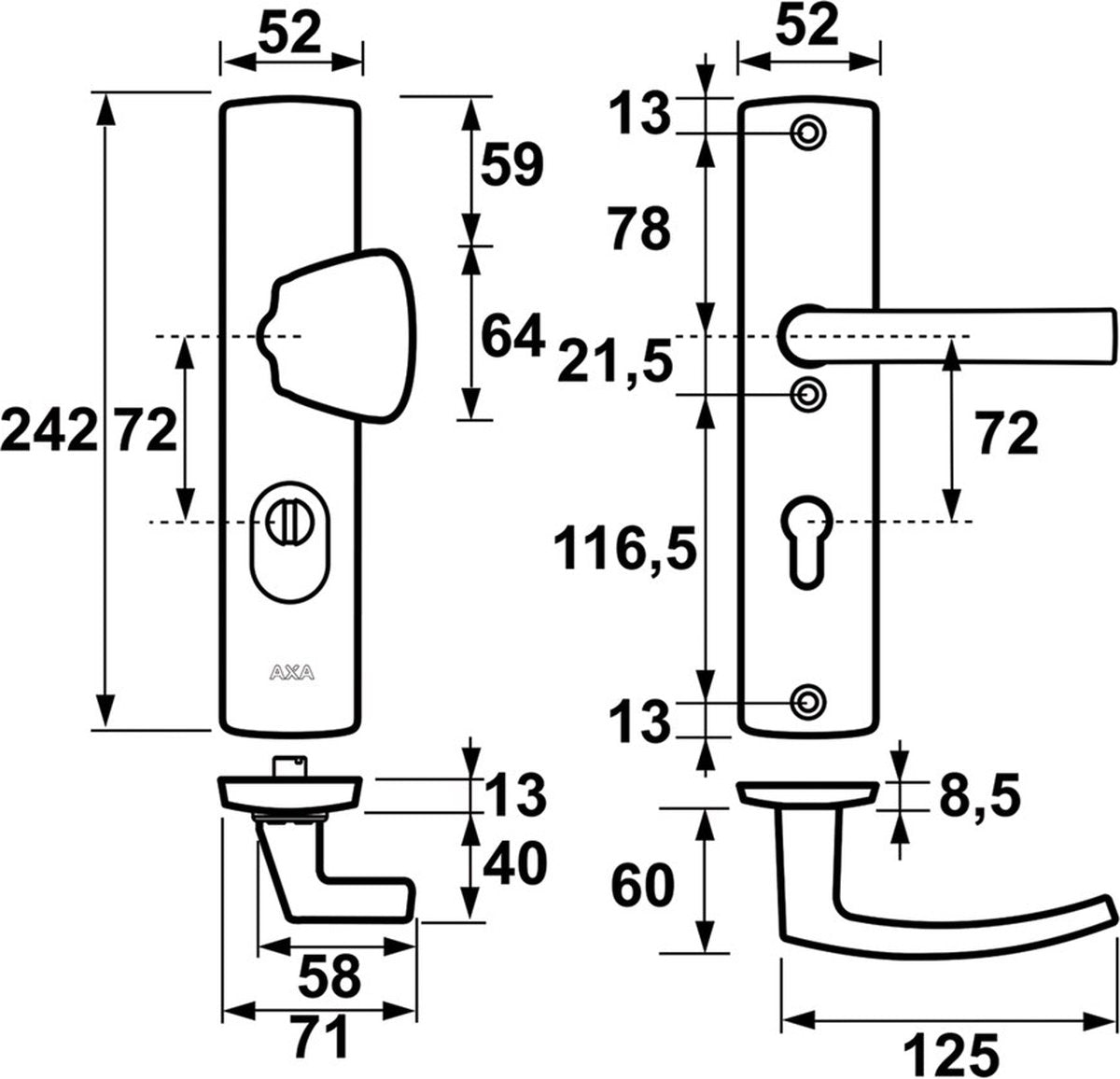 AXA Veiligheidsbeslag (Curve Plus) Inox geslepen: Knop-Kruk (model S/Blok) PC72 met kerntrekbeveiliging SKG***