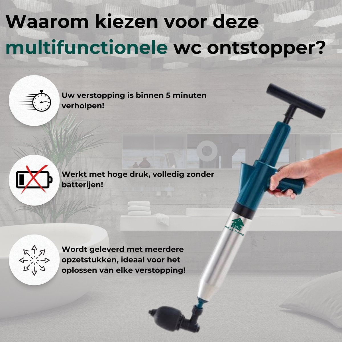 AKSA Home® WC Ontstopper - Gootsteenontstopper - Toilet Ontstopper - Ontstoppingsveer - Rioolontstopper - Groen