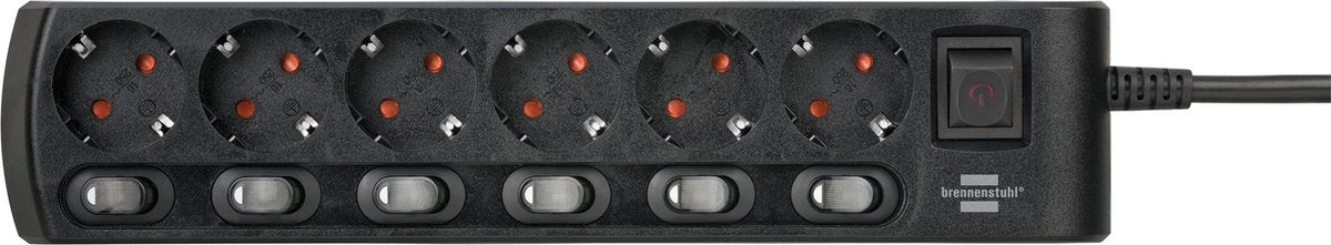 Stekkerdoos individueel schakelbaar 6-voudig 2m H05VV-F 3G1,5 zwart