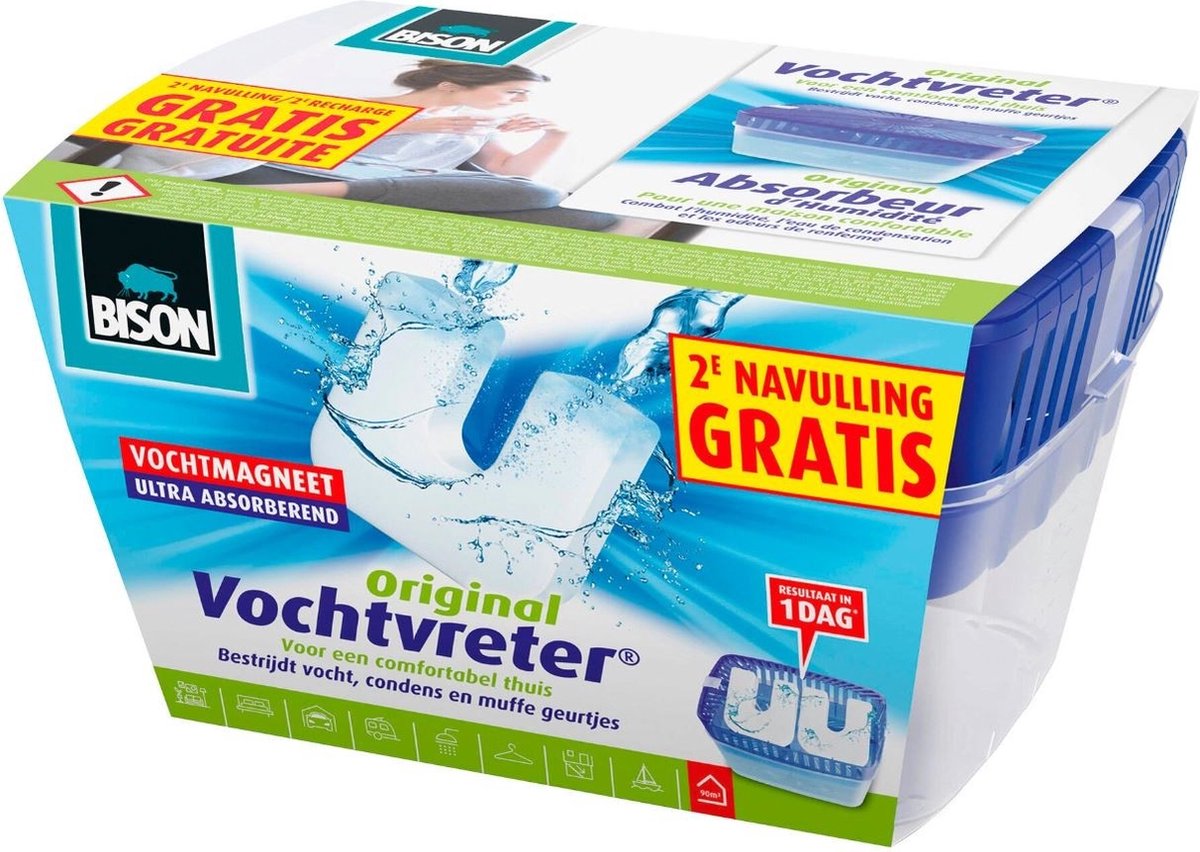 Bison Vochtvreter® neutraal 900g + 2 extra navulmagneten , incl. vochtvmagneet, binnen 24 uur resultaat, geen stroom nodig, voor alle woonruimtes, campers, caravans, binnen 1 minuut te gebruiken