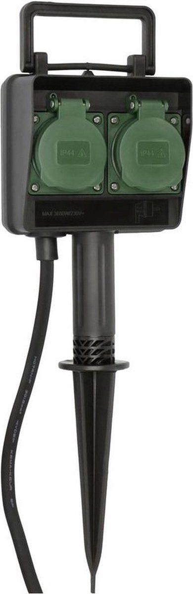 Brennenstuhl Tuincontactdoos / Buitencontactdoos 2-voudig op spies (Weerbestendige kunststof, Tuinstekkerdoos met waterdichte behuizing, 1,4m kabel) zwart