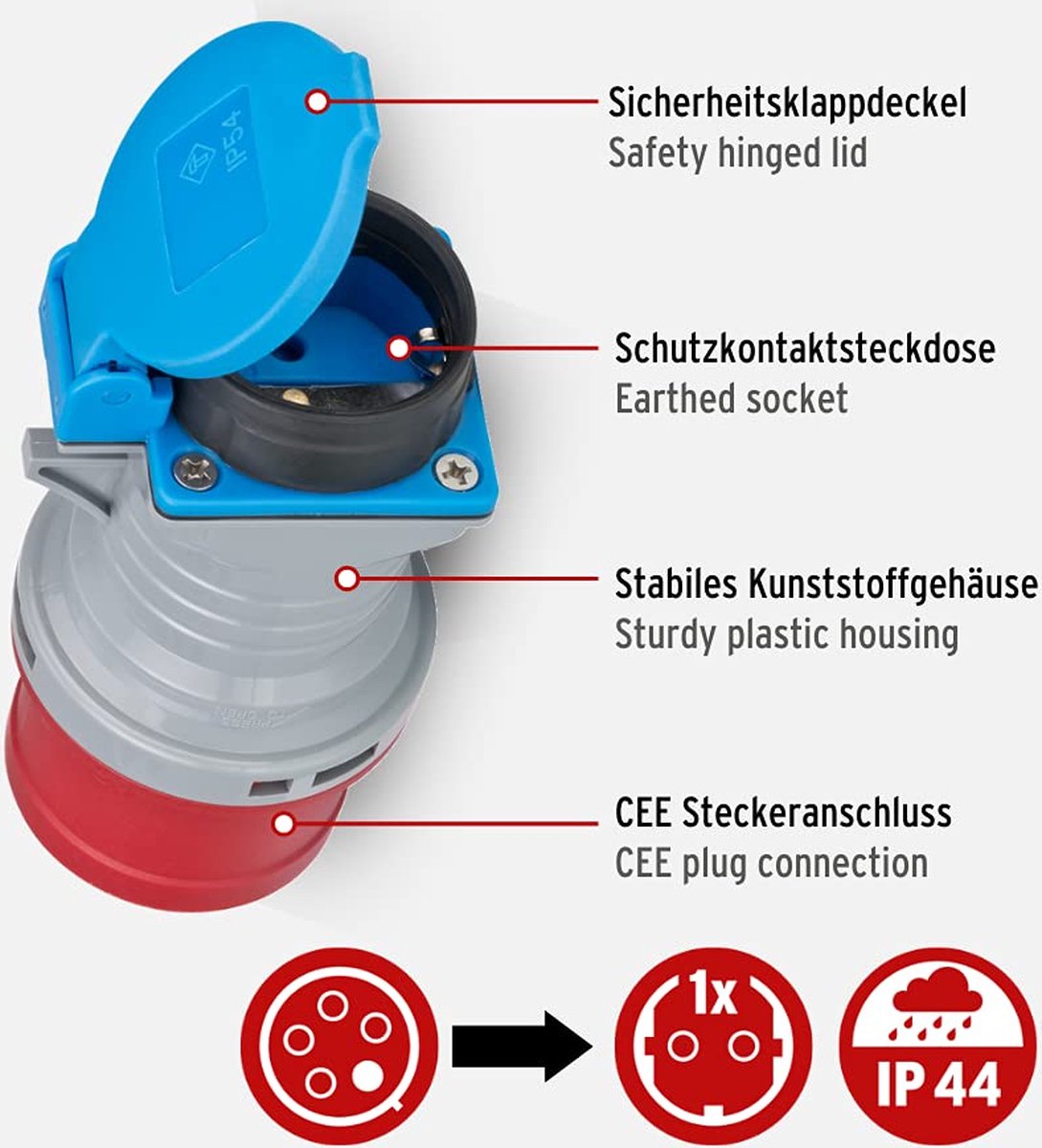 CEE-adapter CEE 400V/16A naar 230V/16A stopcontact met aardcontact