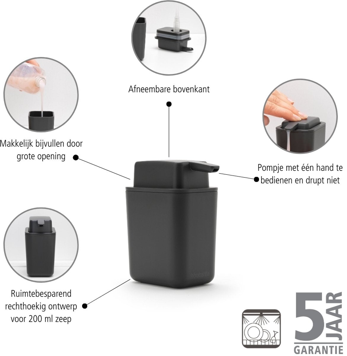 Brabantia SinkSide Zeepdispenser - 200 ml - Dark Grey
