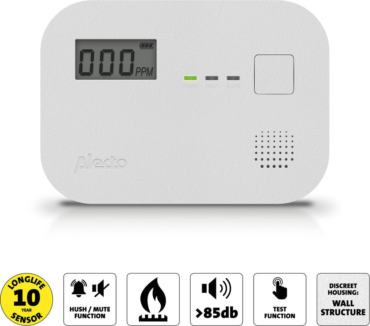 Alecto COA3910 Koolmonoxidemelder met display - 10 jaar sensor - Voldoet aan Europese norm EN50291 - Wit
