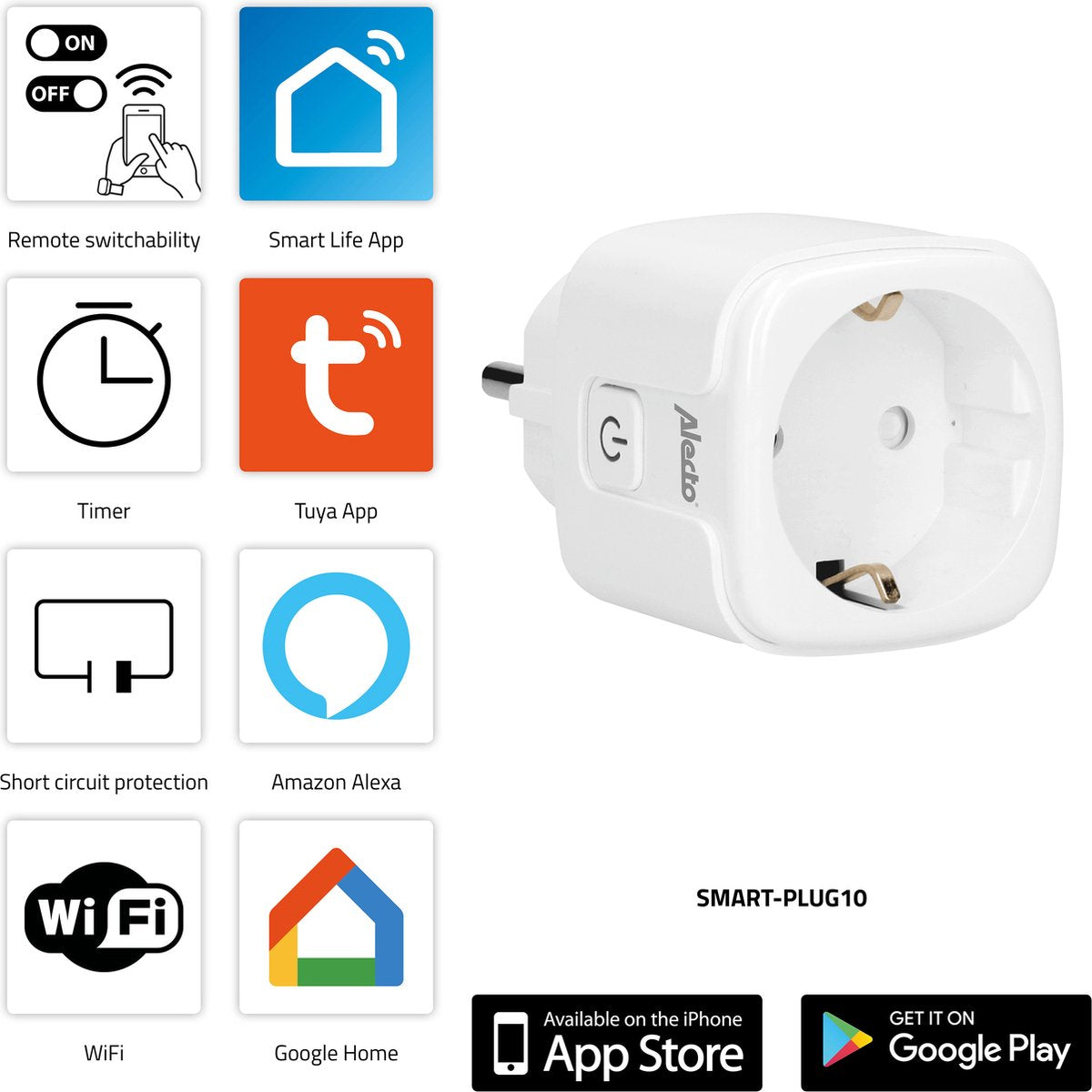 Alecto SMART-PLUG10 DUO - Smart Wifi Tussenstekker - 16A 3680W - 2 stuks