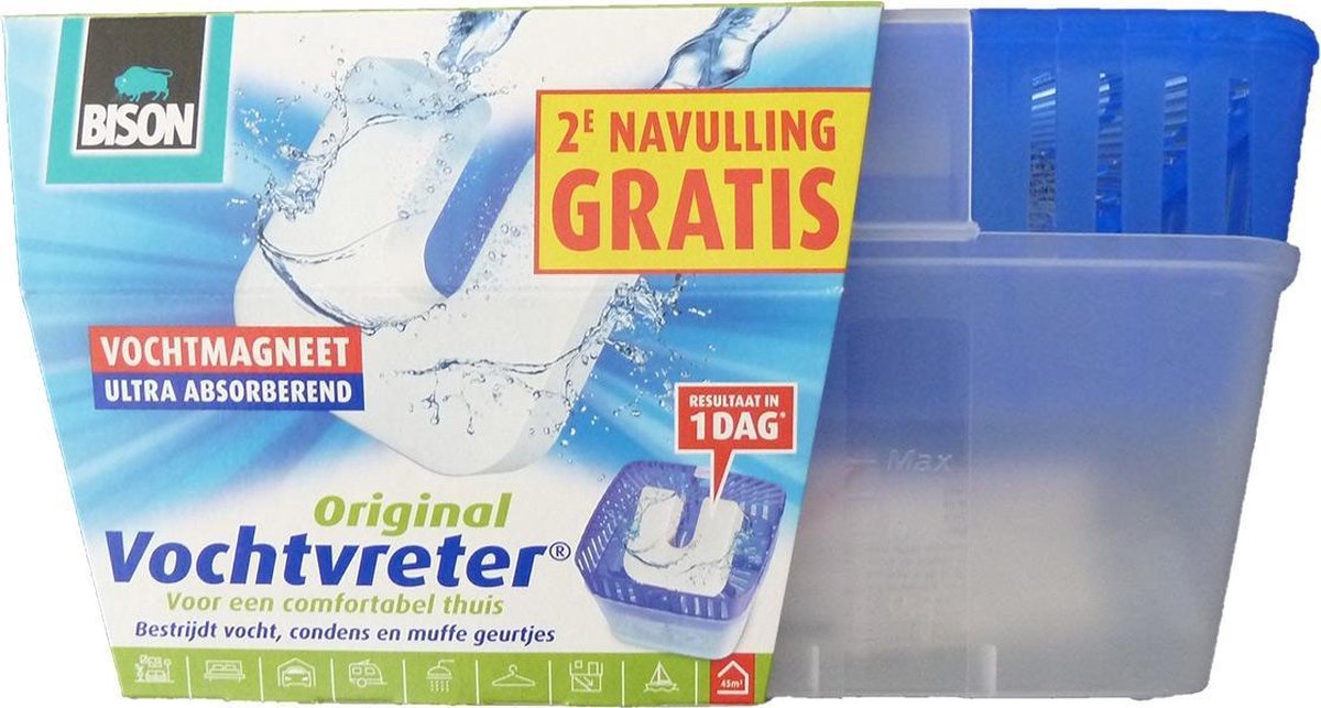 Bison Vochtvreter® neutraal 900g + 2 extra navulmagneten , incl. vochtvmagneet, binnen 24 uur resultaat, geen stroom nodig, voor alle woonruimtes, campers, caravans, binnen 1 minuut te gebruiken