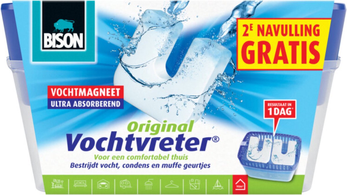 Bison Vochtvreter® neutraal 900g + 2 extra navulmagneten , incl. vochtvmagneet, binnen 24 uur resultaat, geen stroom nodig, voor alle woonruimtes, campers, caravans, binnen 1 minuut te gebruiken