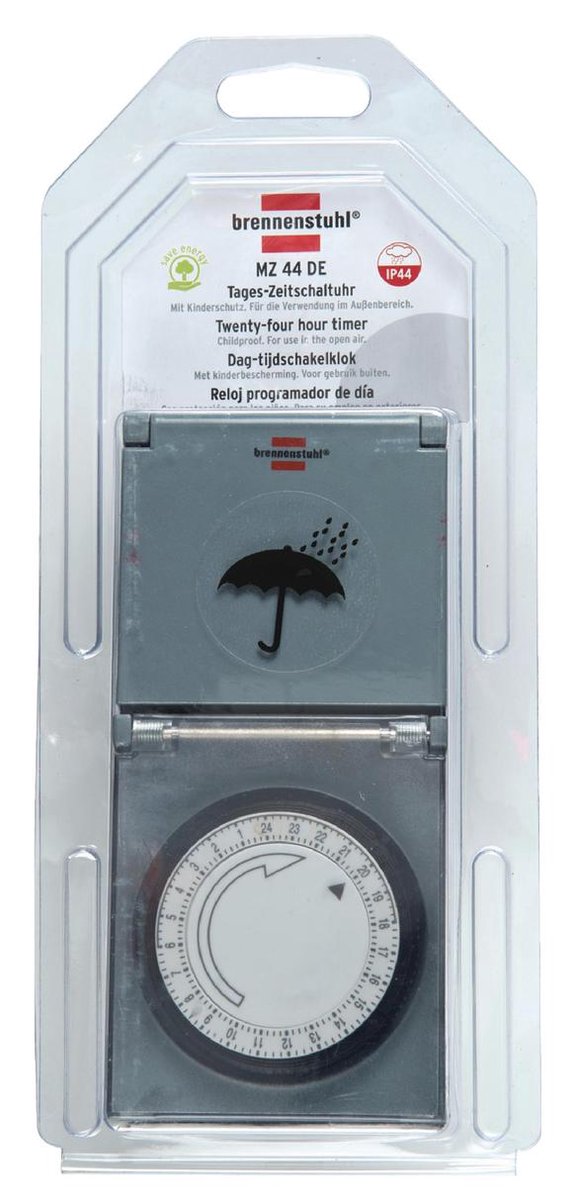 Brennenstuhl tijdschakelklok MZ 44, mechanisch stopcontact (dag-timer, IP44 beschermd, hogere contactbescharming & afdekking) kleur: zwart Single 1 Stuk zwart