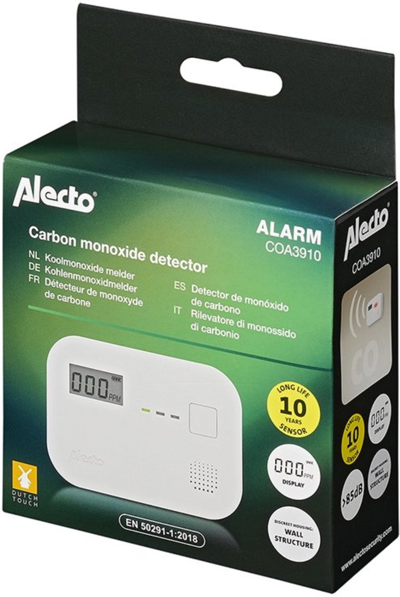Alecto COA3910 Koolmonoxidemelder met display - 10 jaar sensor - Voldoet aan Europese norm EN50291 - Wit