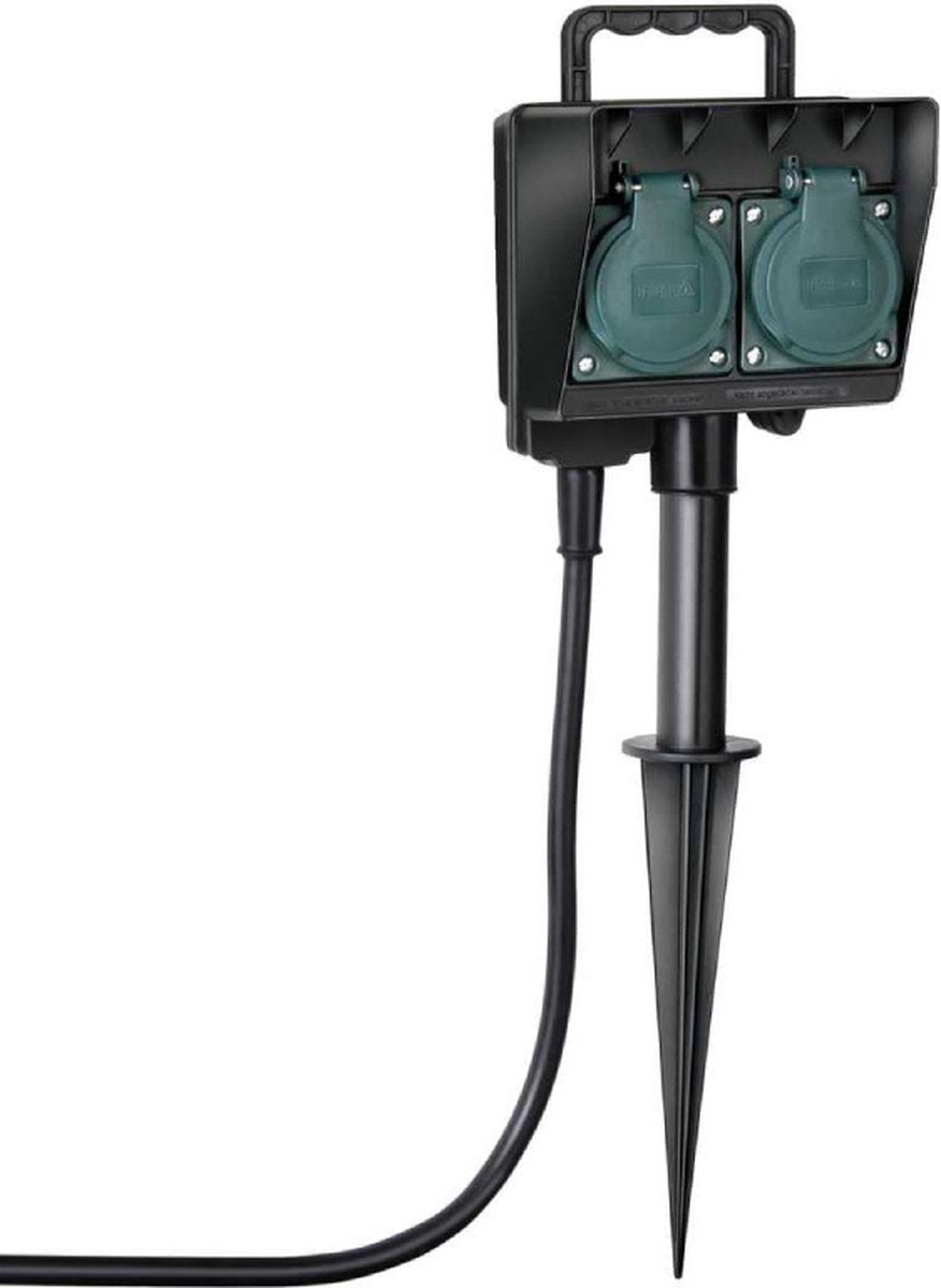 Brennenstuhl Tuincontactdoos / Buitencontactdoos 2-voudig op spies (Weerbestendige kunststof, Tuinstekkerdoos met waterdichte behuizing, 1,4m kabel) zwart