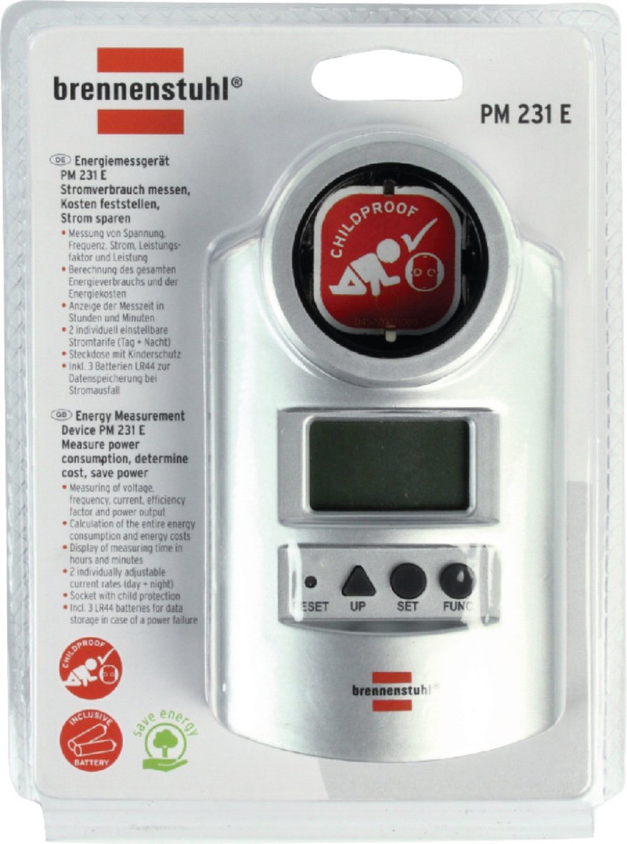 Brennenstuhl Primera-Line energiemeter PM 231 E (Stroommeter met klok- en meetfunctie, energiekostenmeter met 2 individueel instelbare elektriciteitstarieven)