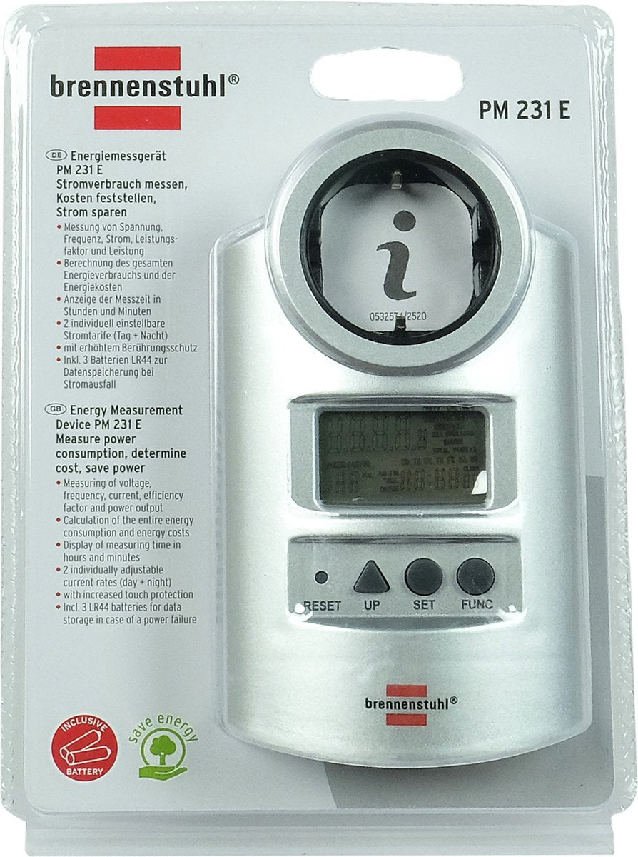 Brennenstuhl Primera-Line energiemeter PM 231 E (Stroommeter met klok- en meetfunctie, energiekostenmeter met 2 individueel instelbare elektriciteitstarieven)