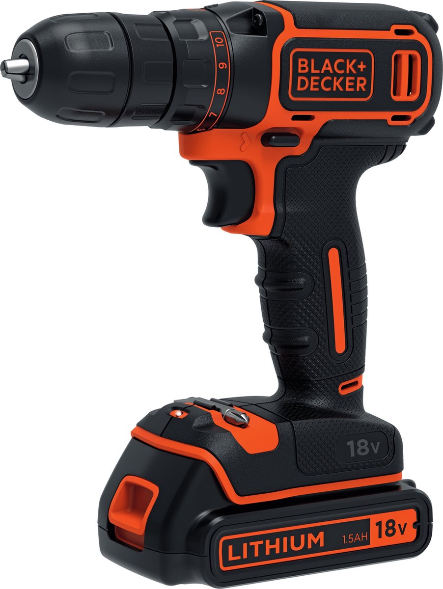 B+D 18V Lithium Ion accu schroef-/boormachine met 1,5Ah accu, 1 variabele snelheid.